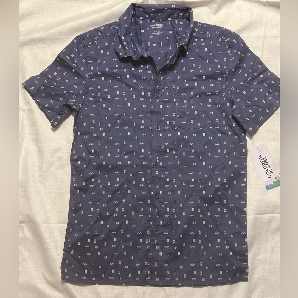 Boys Colorful Planet casual button down shirt size Large (10-12) dark blue